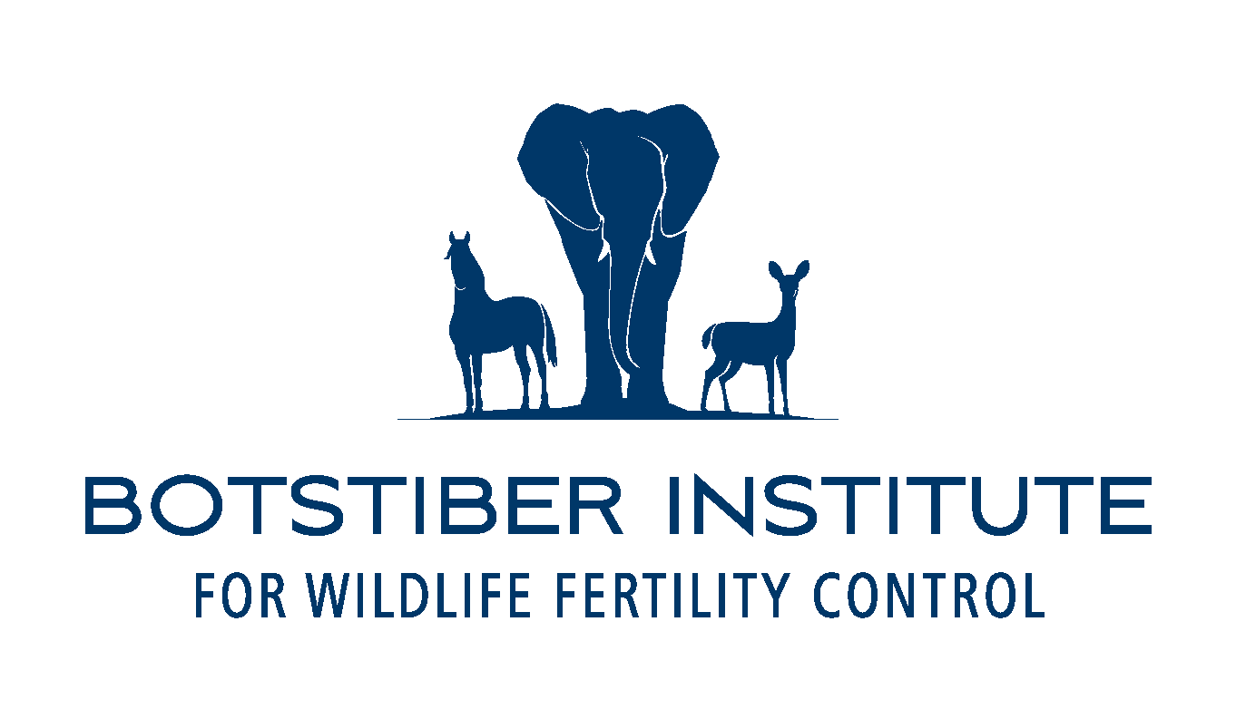 Botstiber Institute logo. Pictures an elephant, horse, and deer above the words 'Botstiber Institute for Wildlife Fertility Control'